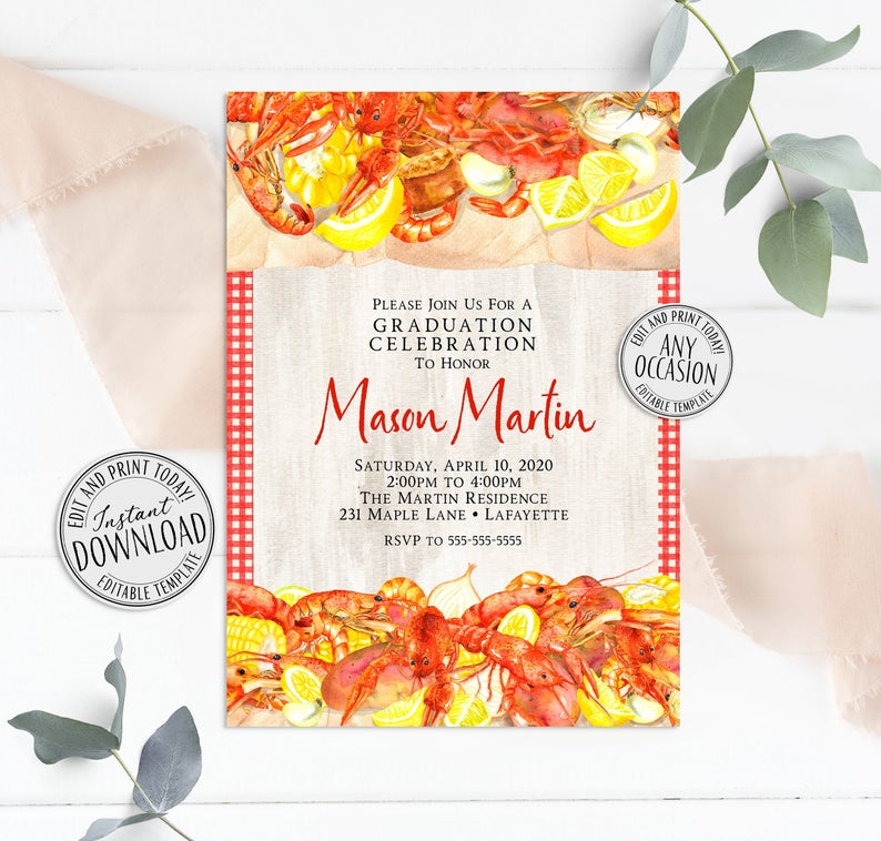 Crawfish Boil Graduation Invitations, Editable Crawfish Boil Invitation Template, Instant Download Crawfish Boil Invitation