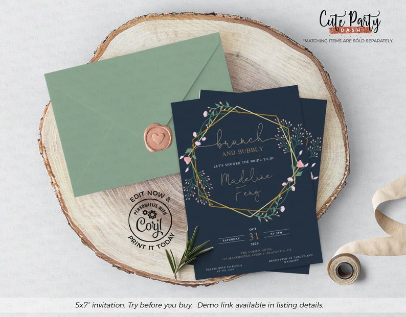 INSTANT DOWNLOAD, Editable Greenery Geometric Bridal Shower Invite, Brunch and Bubbly, Floral Invitation Template, Corjl invitation BDS009p