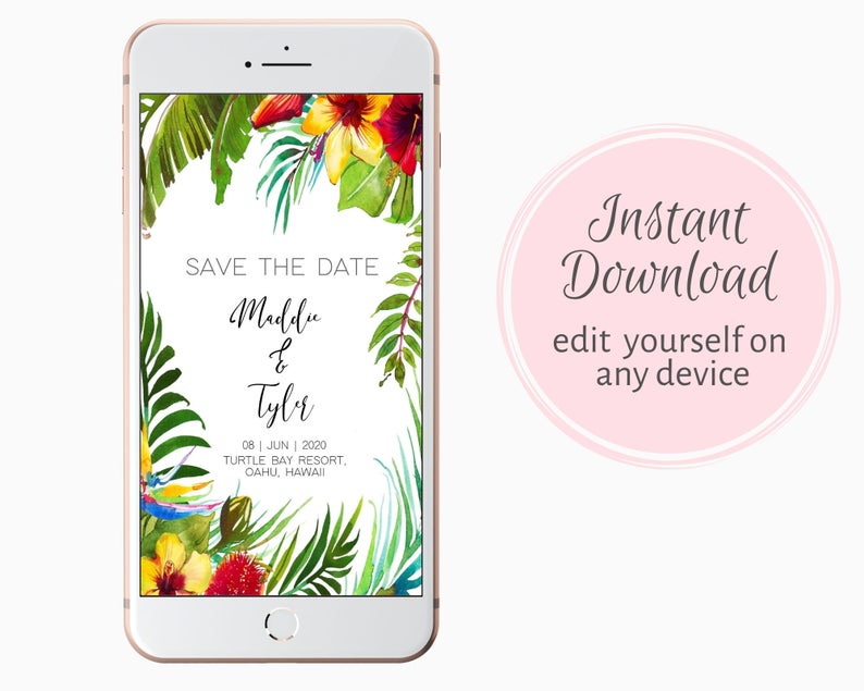 Electronic Save The Date Announcement Tropical, Instant Download, Edit Yourself