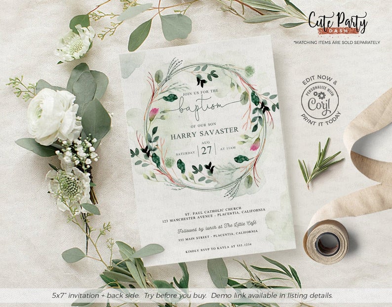INSTANT DOWNLOAD, SALE, Greenery Bohemian Baptism Invite, baptism Eucalyptus invitation Template boy girl instant download, Corjl BP012