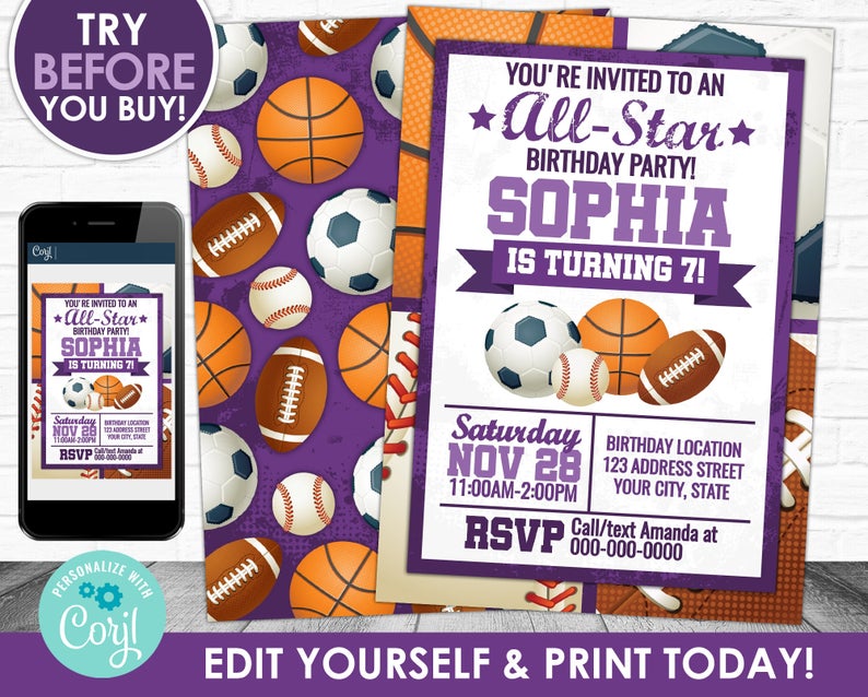 Sports Birthday Invitation, Sports Invitation, Sports Editable Invitation, All Star Party Invite Corjl S0071 (Pdf / Jpg file only)