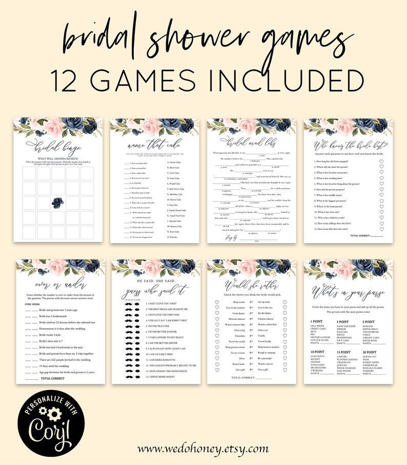 Blush & Navy Floral Bridal Shower Games Package, Watercolor Floral Pink Floral, Game Bundle, Editable Games with Corjl