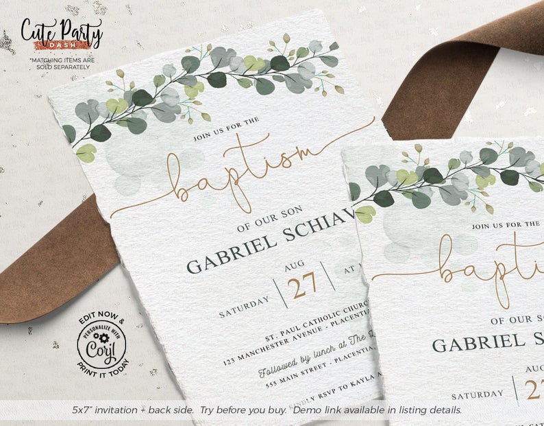 INSTANT DOWNLOAD, Editable Greenery Bohemian Baptism Invite, baptism Eucalyptus invitation Template boy girl instant download, Corjl BP007