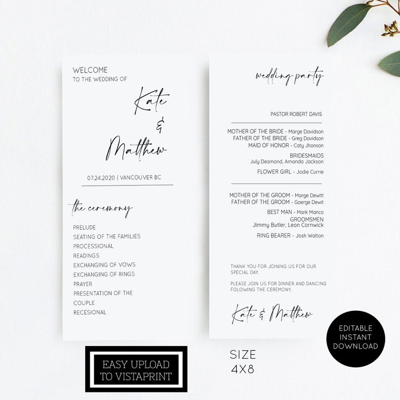 Modern – Minimalist Wedding Program Template, Modern Wedding Program, Minimal Wedding Program, Printable Program Wedding, Instant Download
