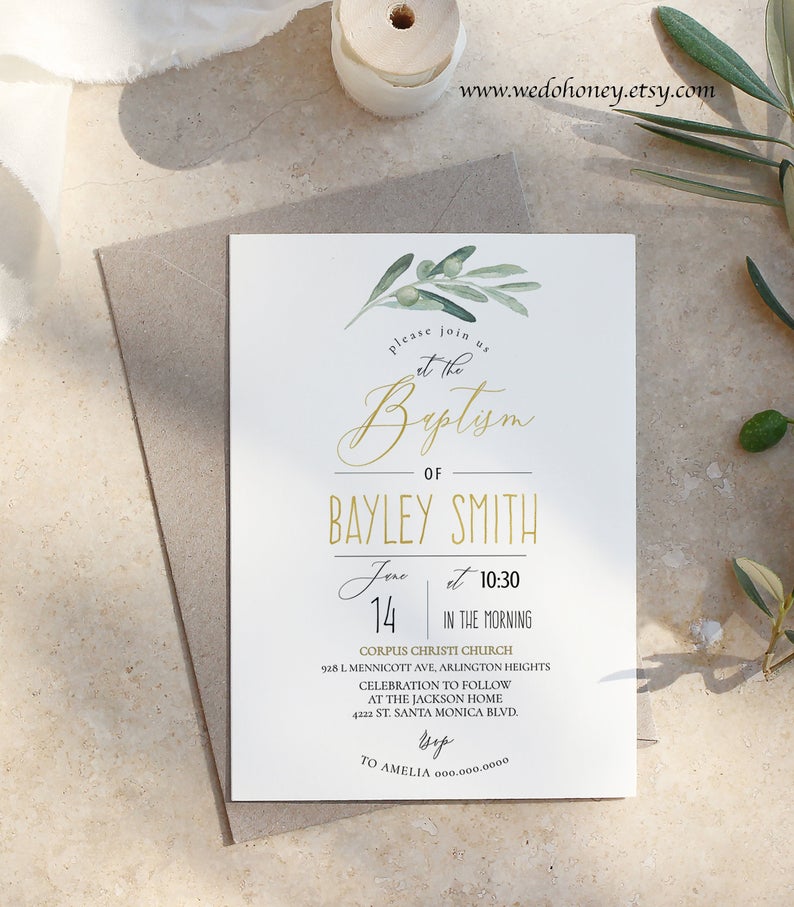 Gold Greenery Baptism Boy Invitation Template, Editable Christening, Instant Download, Corjl