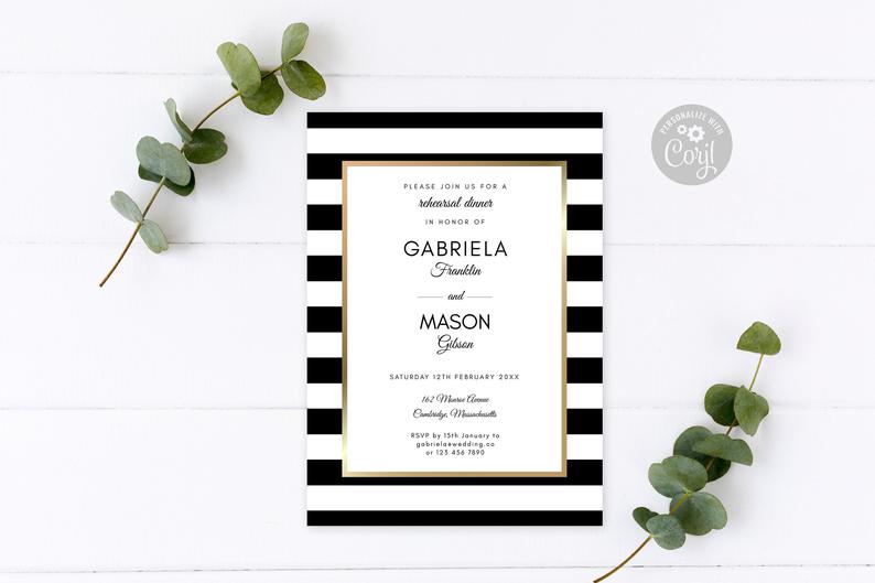 Classic Stripe Rehearsal Dinner Invitation Template, Instant Download Editable DIY Printable Pdf, Wedding Modern Art Deco Invite, Photo