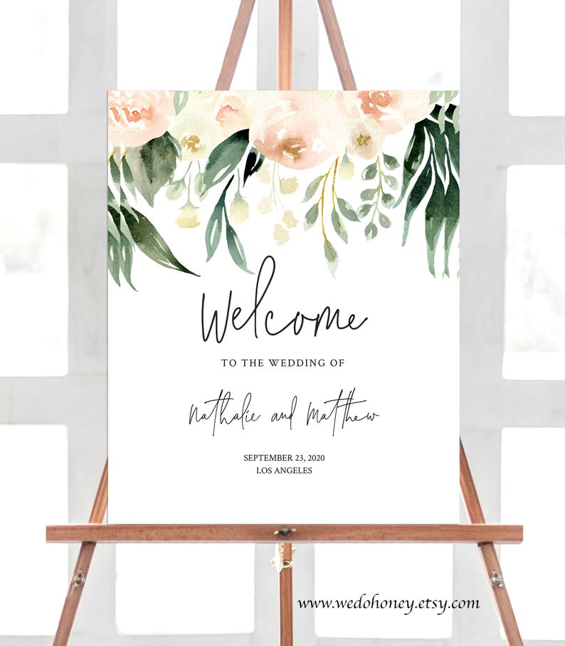 Blush Peach Welcome Bridal Shower Sign, Wedding Template, Floral Ivory, Greenery, Editable #BLS049