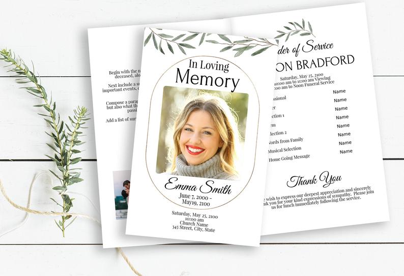 Greenery Memorial Program, Celebration of Life, In Loving Memory Program Pamphlet, Editable Corjl Template CL800