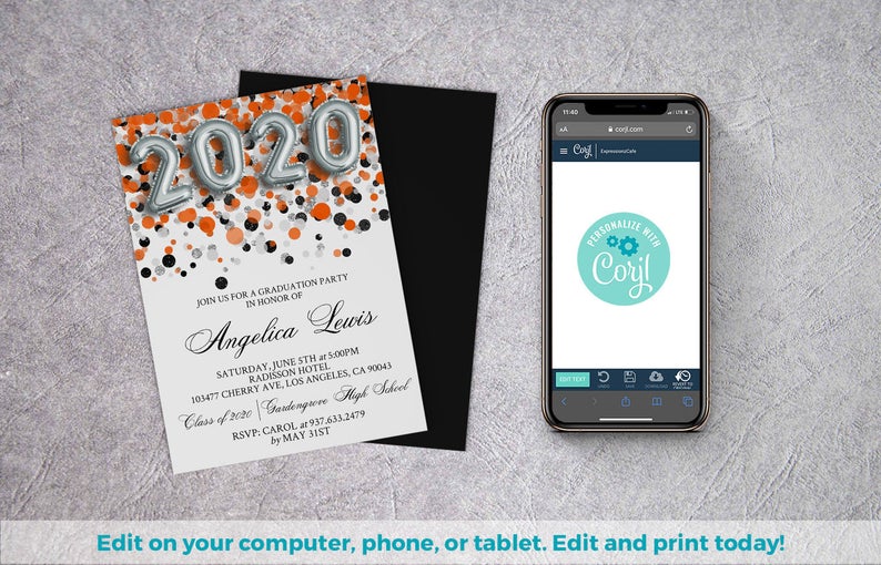 Class of 2020 | Graduation Template, Graduation Invites, Orange Grad Invite, 2020 Invitation, Class 2020 Grad, Grad Night invite