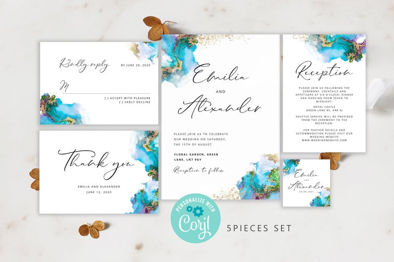 Printable wedding invitation suite, blush magnolia flower editable invitation, instant download boho wedding invite
