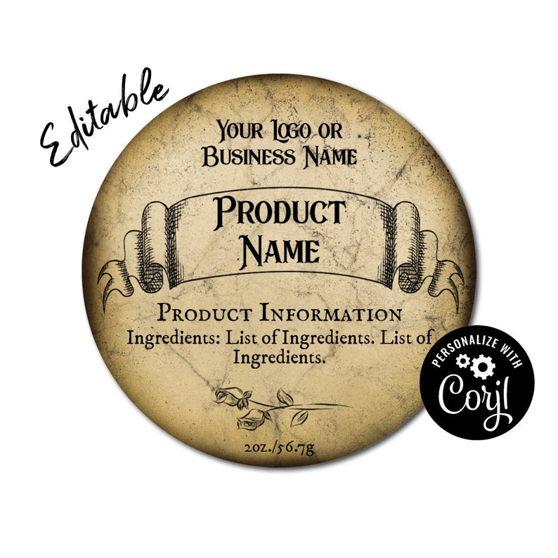 Round Antique Distressed Paper Editable Label. Customizable Packaging for Jars, Candles, Soap. Personalize w/ Corjl Online. Download & Print