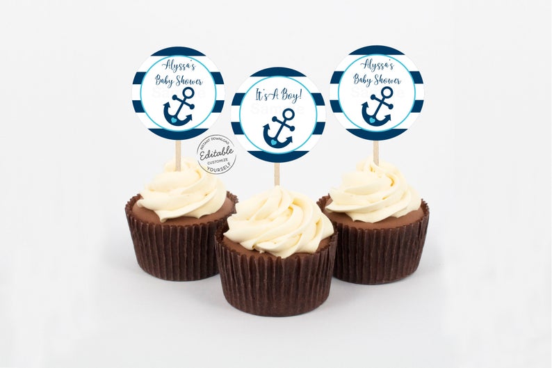 EDITABLE Nautical Cupcake Toppers Nautical Baby Shower Anchor Navy & Aqua Boy Baby Shower Digital Printable Instant Download Corjl A222