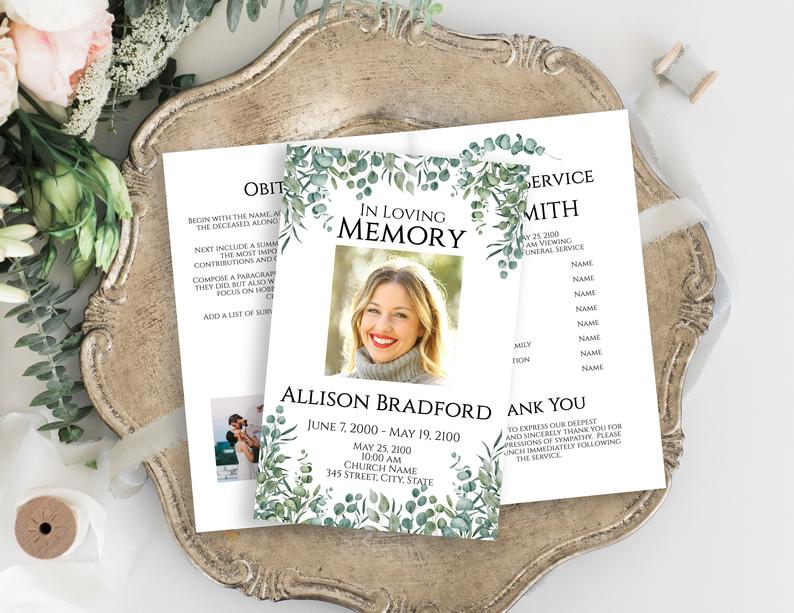Celebration of Life Program, Funeral Order of Events, Greenery Printable Template, Editable Corjl Template PPF440