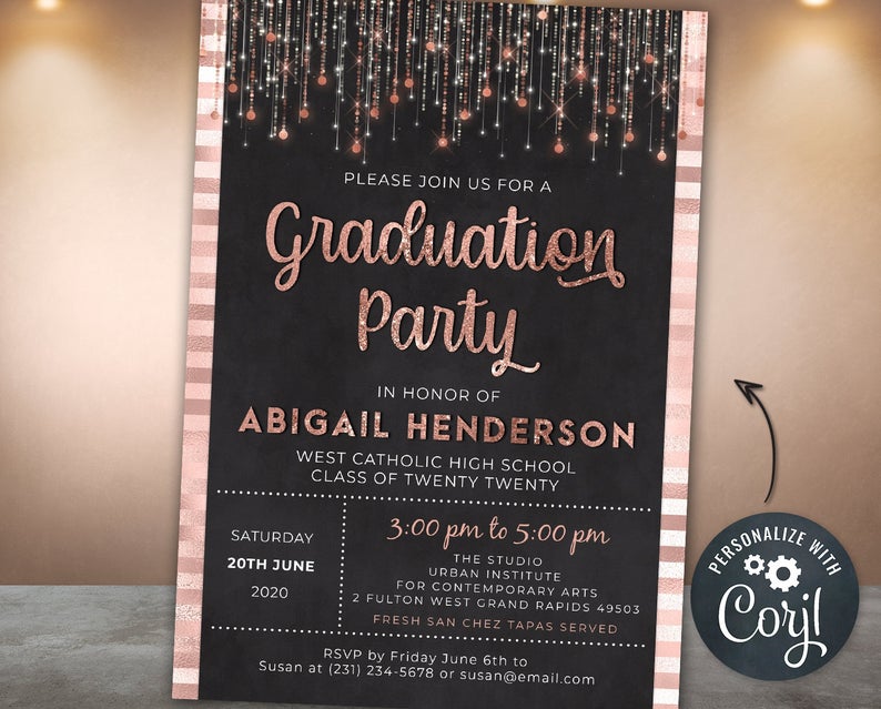 Graduation Party Invitation Elegant Invite Pink Rose Gold Sparkle Glitter Foil Black Graduation Invitation Digital INSTANT DOWNLOAD Editable
