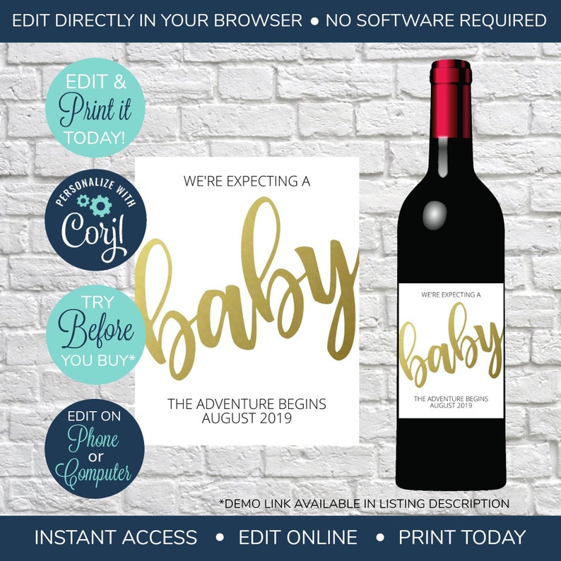 EDITABLE Pregnancy Announcement, Baby Reveal Wine Label, Pregnancy Wine Label, Wine Bottle Lables, New Baby Announcement, Baby Announcement