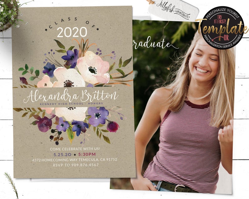 Lilac Photo Graduation Invitation | Graduation Party Invite | Graduation Announcement | PRINTABLE | PRINTED | Template | Floral | Kraft