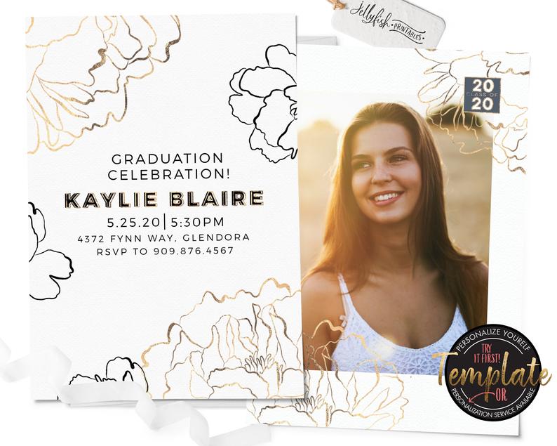 Gold Floral Graduation Invitation | Graduation Party Invite | Graduation Announcement | PRINTABLE | PRINTED | Template | Simple | Photo