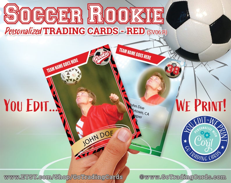 Custom Soccer Trading Cards. You-Edit, We-Print & Ship. Kids Birthday Card, Personalized Sports Card, FIFA, RED Team Color Template, SV06R