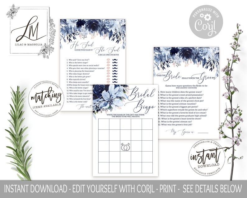Navy Bridal Shower Games, Bridal Bingo, Does the Bride Know the Groom, He said, She Said, Editable Templates, Dusty Blue, Blush Pink, Corjl