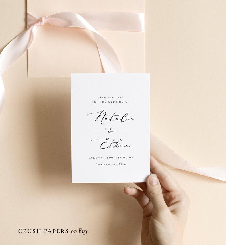 Modern Calligraphy Save The Date Template, Printable Minimalist Wedding Save the Date Card, 100% Editable, Instant Download, Corjl 006-205SD