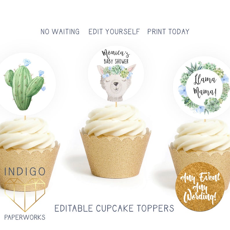 Llama Cupcake Toppers, Succulent Greenery Baby Shower, Cactus Southwestern Theme DIY Editable Gender Neutral Shower Party Favor Tags