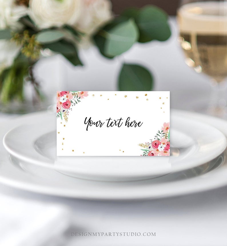 Editable Floral Food Labels Place Card Miss to Mrs Tent Card Escort Card Bridal Shower Pink Gold Confetti Corjl Template Printable 0030 0318