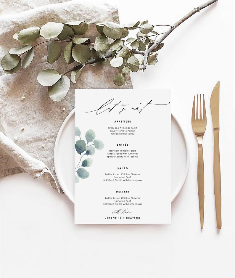 Eucalyptus Wedding Menu Design, Minimalist Leaf Wedding Menu, Modern Wedding Menu, Modern Menu Card, DIY Wedding Menu Fully Editable MN007 L