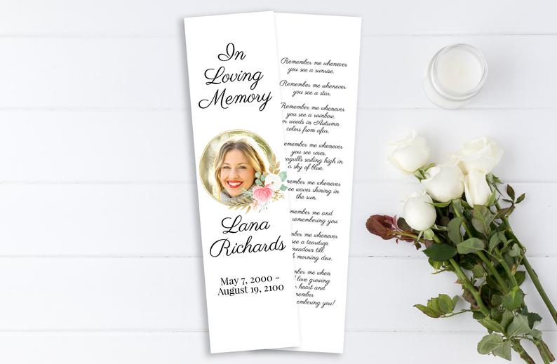 Pink Floral Memorial Bookmark, Celebration of Life, Gold & Greenery Funeral Poem Card, Editable Corjl Template PPF260