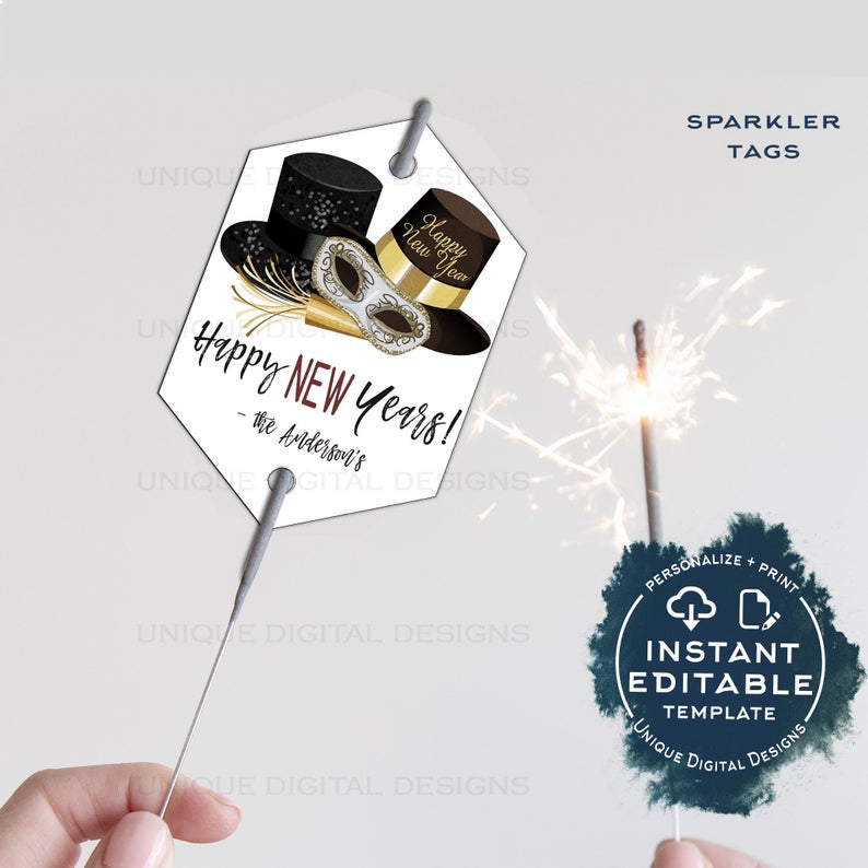 Editable New Years Eve Sparkler Tags, Roarin 2020 New Years Eve Party Sparkler Cover Favors Birthday Party Printable Template INSTANT ACCESS
