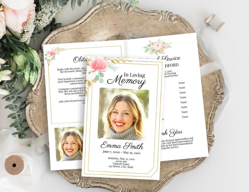 Pink Floral Memorial Program, Celebration of Life, Gold & Greenery Funeral Schedule Card, Editable Corjl Template PPF260