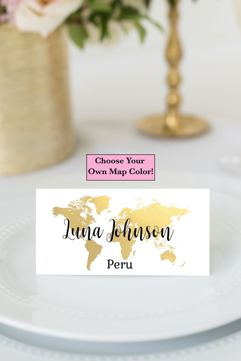 World Map Foldable Place Cards, Travel Theme Name Cards, Editable Name Card Template, Wedding Place Cards Template, TT1