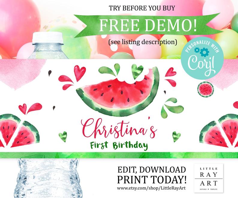 Watermelon Bottle Labels – Printable Water Bottle Label First Birthday. Watermelon Tag, Bottle Sticker Editable Text. DIY Instant Download
