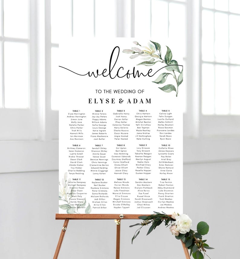 Printable Wedding Seating Chart – Editable Seating Chart Template – Greenery – DIY Wedding Stationery – Muted Greenery