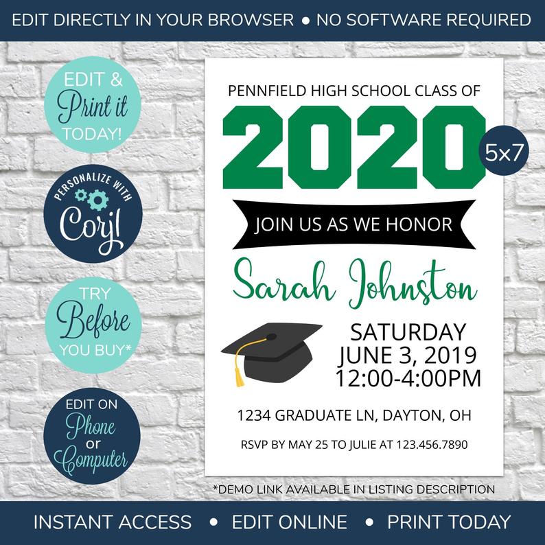 EDITABLE Green Class of 2020, Graduation Open House Invitation, Graduation Invitation, Graduation Party, High School, College Graduation