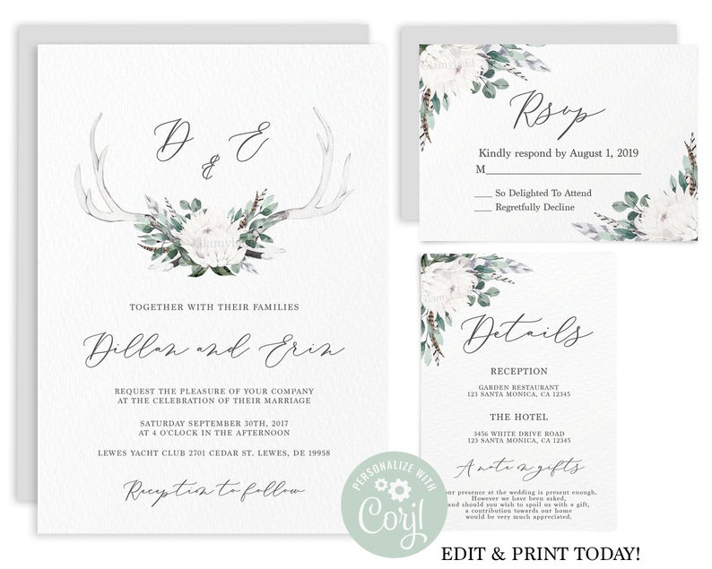 Boho Wedding invitation suite, antler floral white protea, editable wedding invite, print today, Corjl invitation