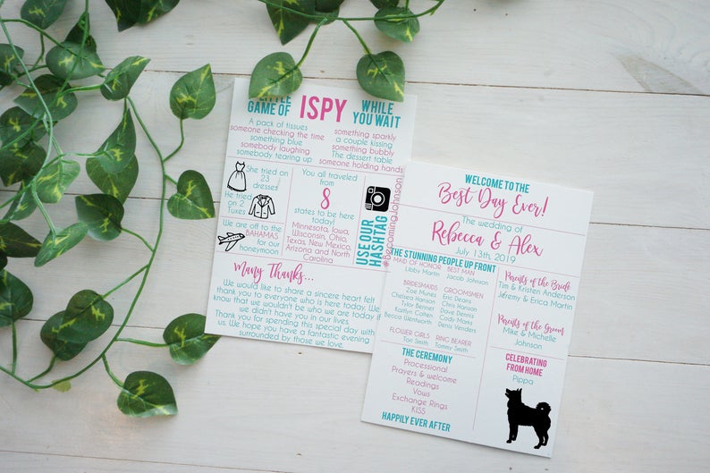 Wedding program with dog silhouette, Wedding entertainment, wedding games, funny wedding program, casual wedding, wedding programs