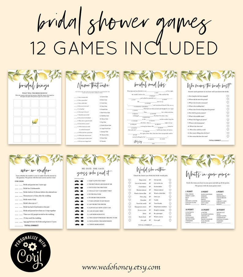 Lemon Bridal Shower Game Bundle, Personalize Name and Questions, Citrus Lemon Bridal Games, Editable Games with Corjl #087
