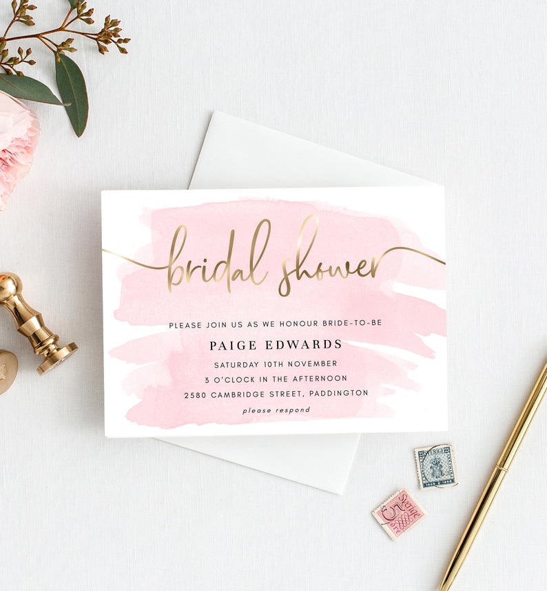 Pink Watercolour Bridal Shower Invitation – Gold Foil – Pink Watercolor – Printable Editable Hens Party Invitation – Instant Download