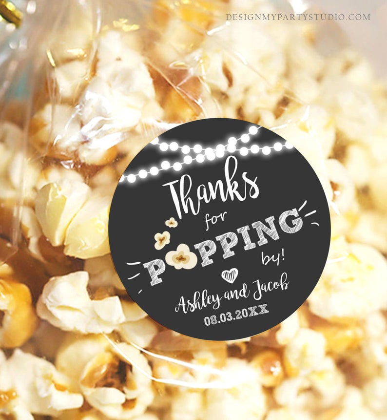 Editable Thanks For Popping By Gift Popcorn Favor Tag String Lights Bridal Shower Wedding Birthday Party Stickers Template Corjl 0110