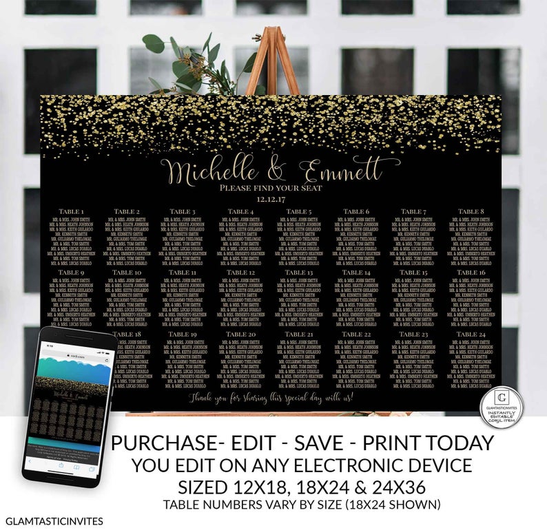 Black and Gold Seating Table Chart Template, Gold Glitter, Gold Wedding Template, Black and Gold Template, Instant Download, DIY, Black,Gold