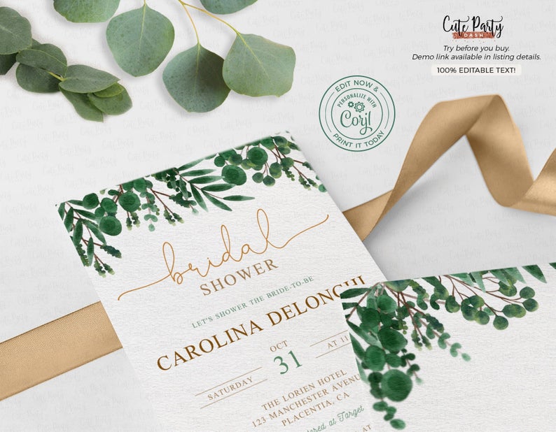 INSTANT DOWNLOAD – Editable Watercolor Eucalyptus Bridal Shower Invite, Bridal Brunch and Bubbly Invitation Corjl Template, Greenery BDS019