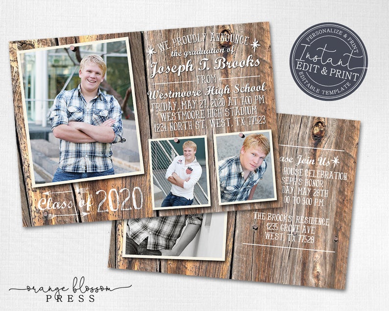 Barn Wood Graduation Announcement, Graduation Photo Collage, Rustic Country Grad, Digital or Printed, Instant Edit & Download