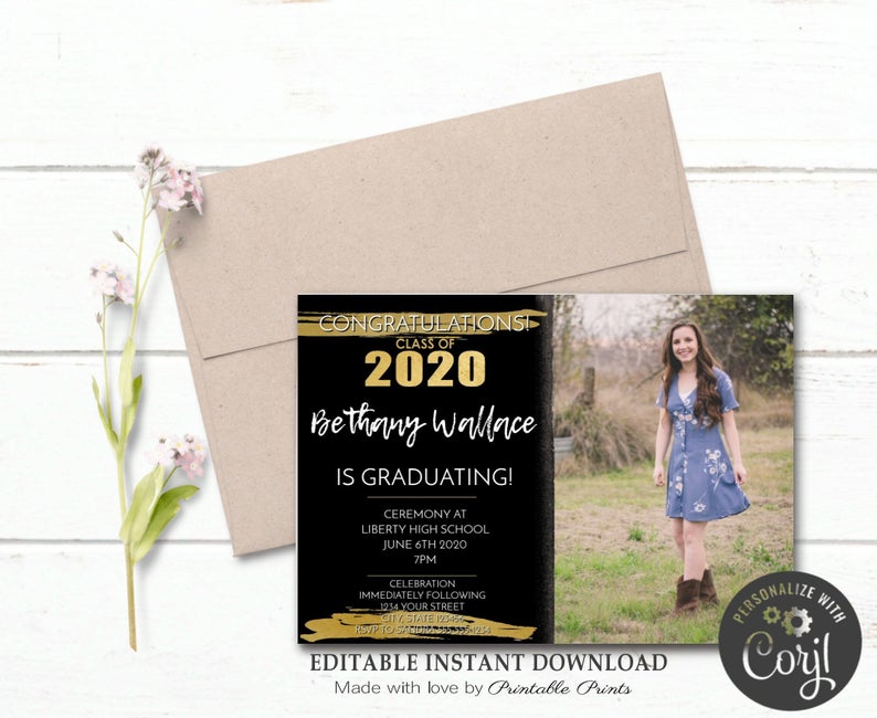 INVITATION with Photo 2020 Graduation Template 5×7 Card, Black Gold, Editable Downoad, Personalized Rustic Senior High School, Senior Grad