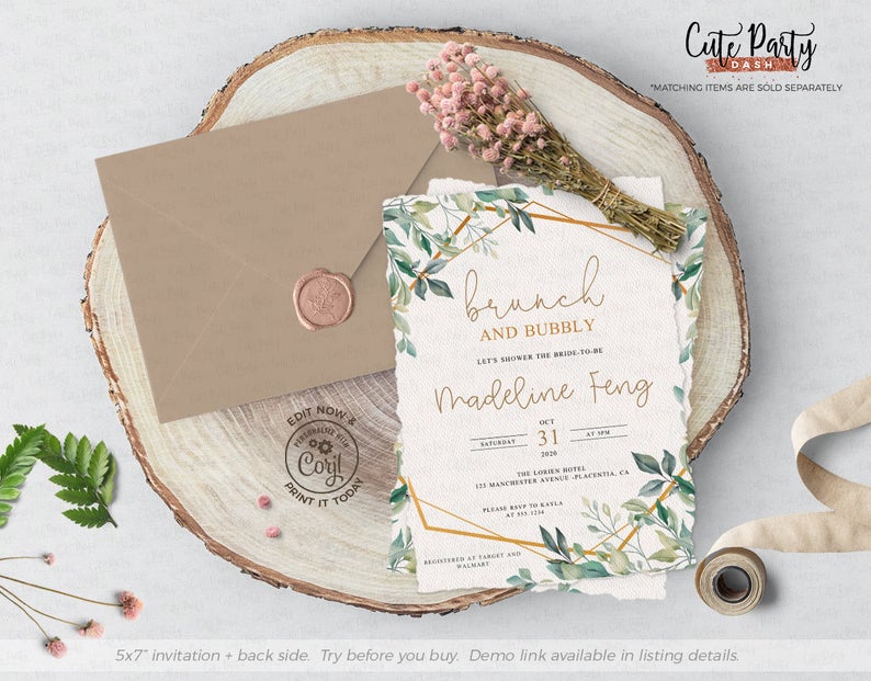 INSTANT DOWNLOAD – Editable Greenery Geometric Bridal Shower Invite, Brunch and Bubbly, Invitation Template, Corjl invitation BDS002