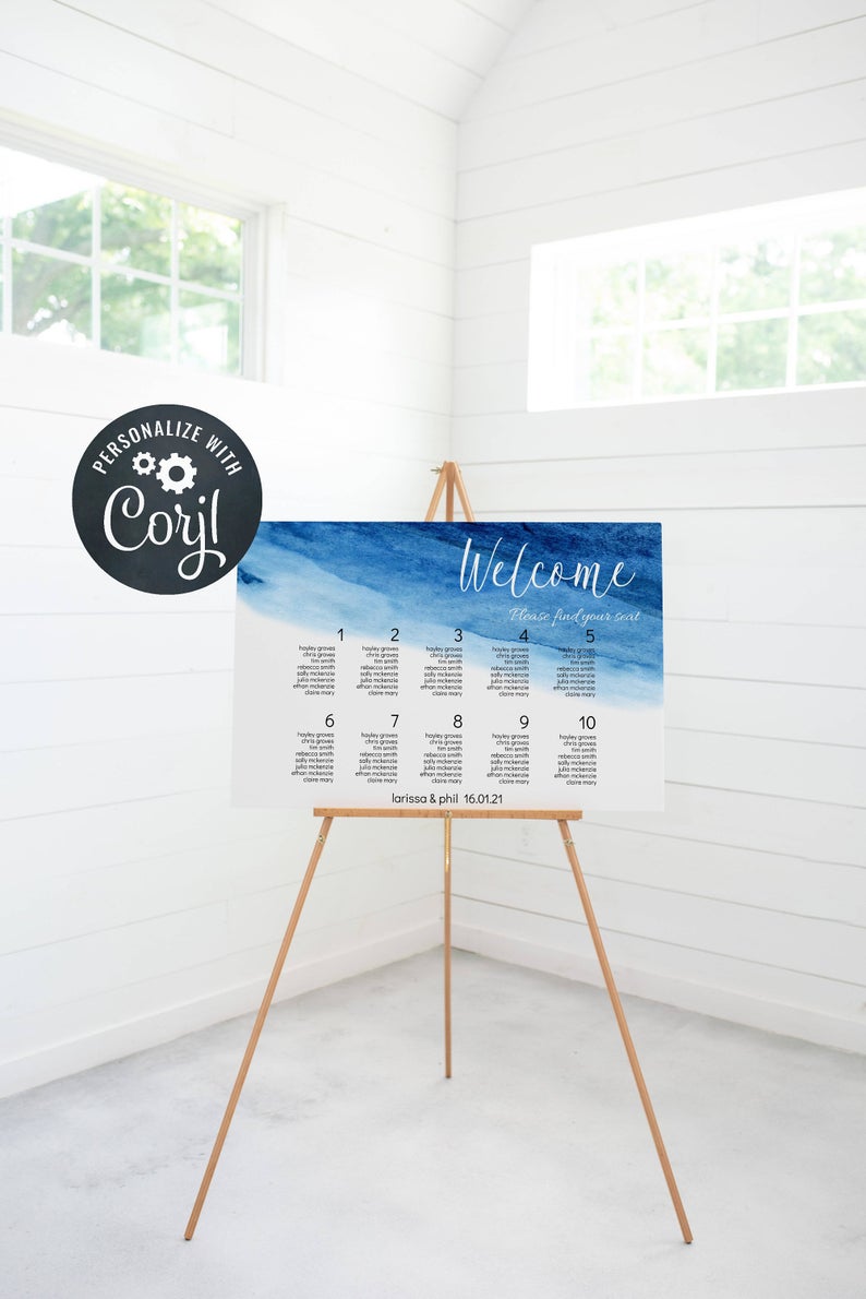 Blue Ombre Watercolor Wedding Seating Chart, Wedding Table Sign, Printable Seating Chart Template, Corjl Template, Instant Download, #WC1