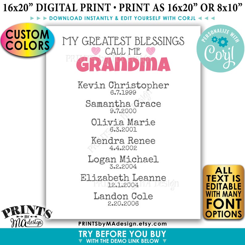 My Greatest Blessings Grandparent Gift, Grandma or Grandpa, List of Grandkids, PRINTABLE Grandchildren Sign
