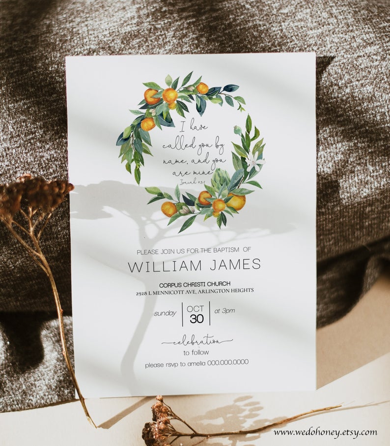 Citrus Baptism Invitation Template, Orange Christening Invite, Editable Text with Corjl