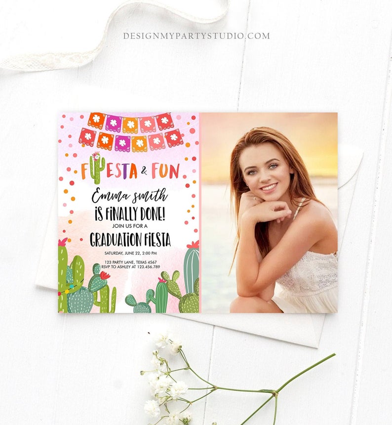 Editable Fiesta and Fun Graduation Party Invitation Finally Done Let’s Fiesta Mexican Cactus Pink Girl Template Download Digital Corjl 0135