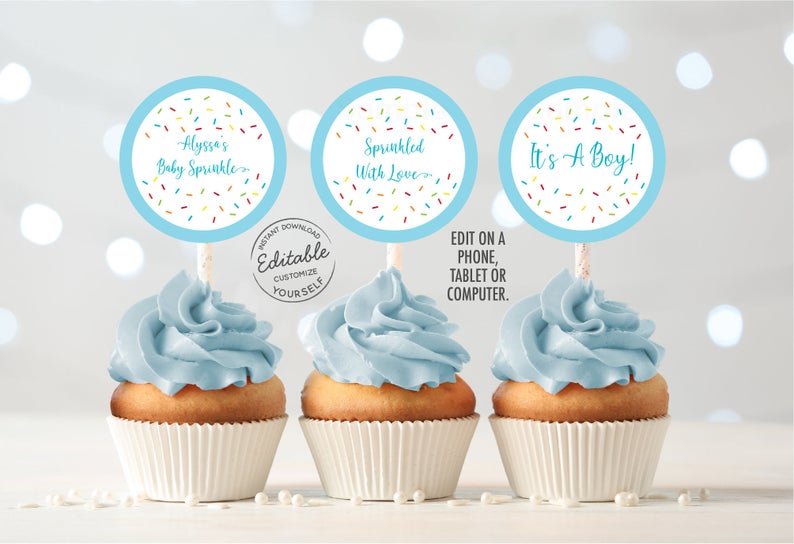 EDITABLE Baby Sprinkle Cupcake Toppers Blue Baby Sprinkle Baby Boy Sprinkle Sprinkled With Love Digital Printable Instant Download A110