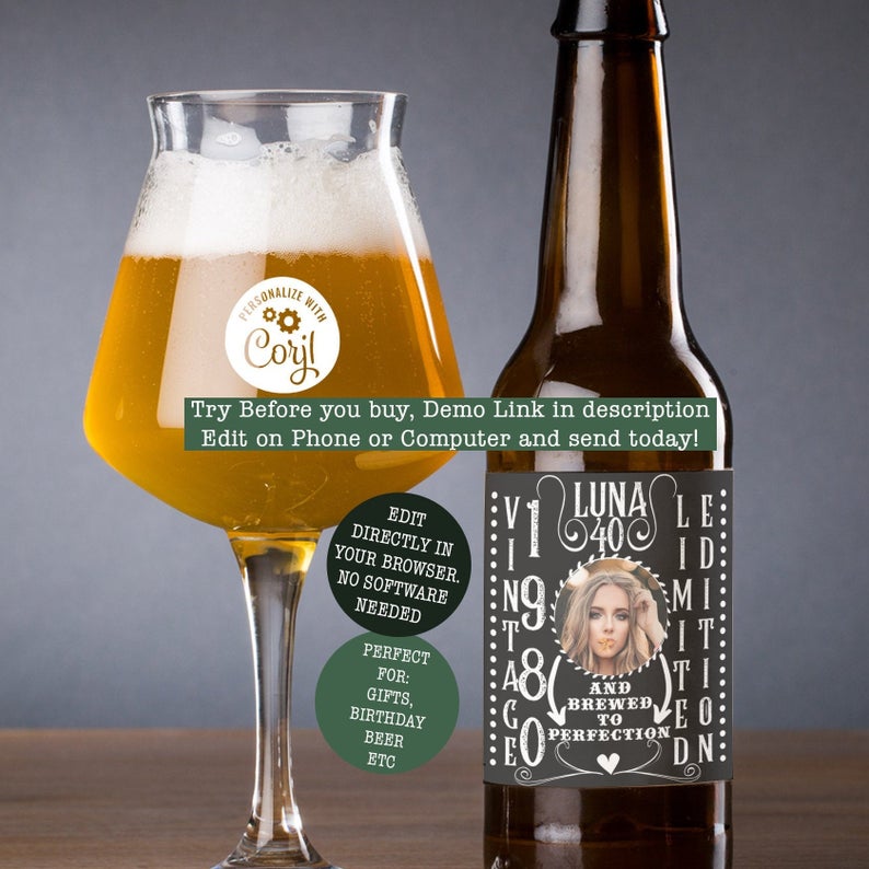 40th Beer tag label for gifts & Party Decor – Instant Edit, Download and print today